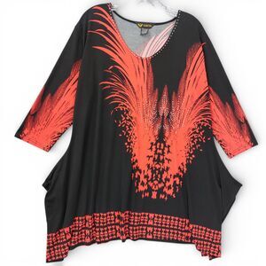 Valentina Tunic Top Sz L Black Red Graphic Print Rhinestone V Neck 3/4 Sleeve